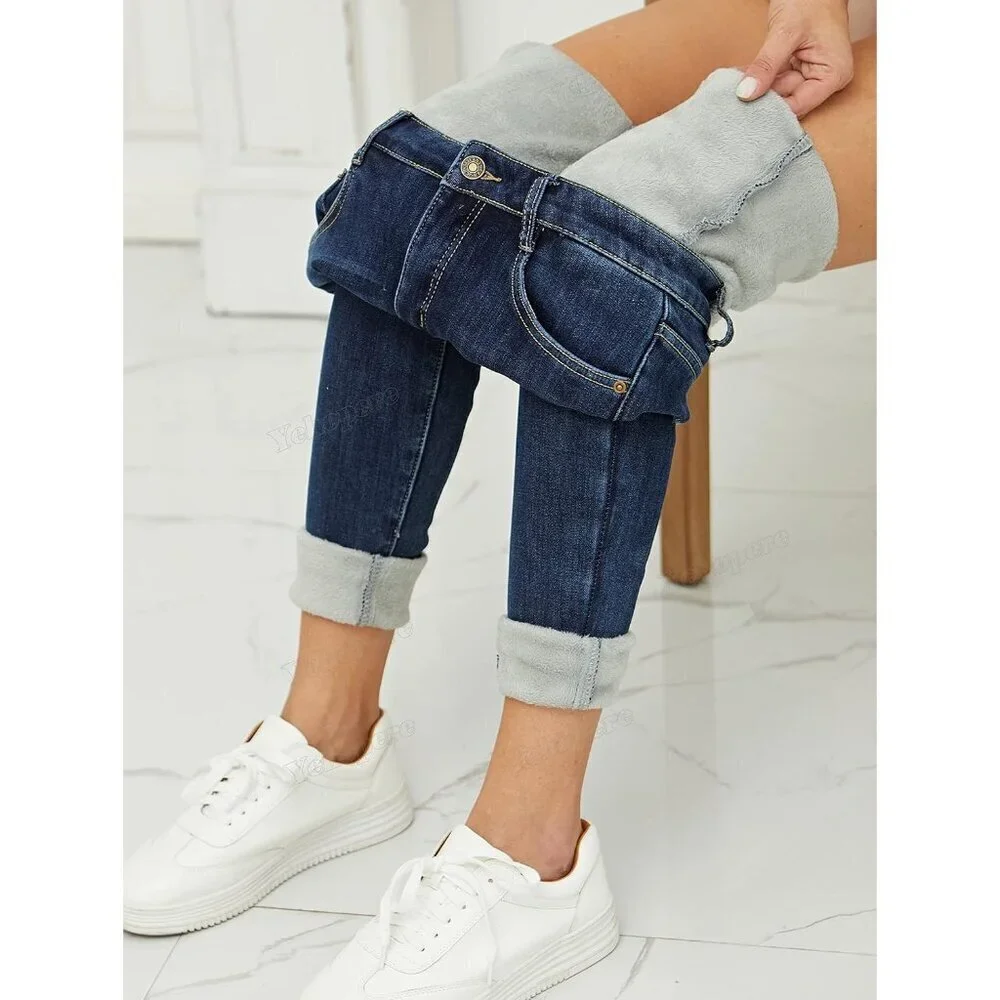 Women's Fleece Lined Slim Fit Thermal Jeans High Waist Winter Denim